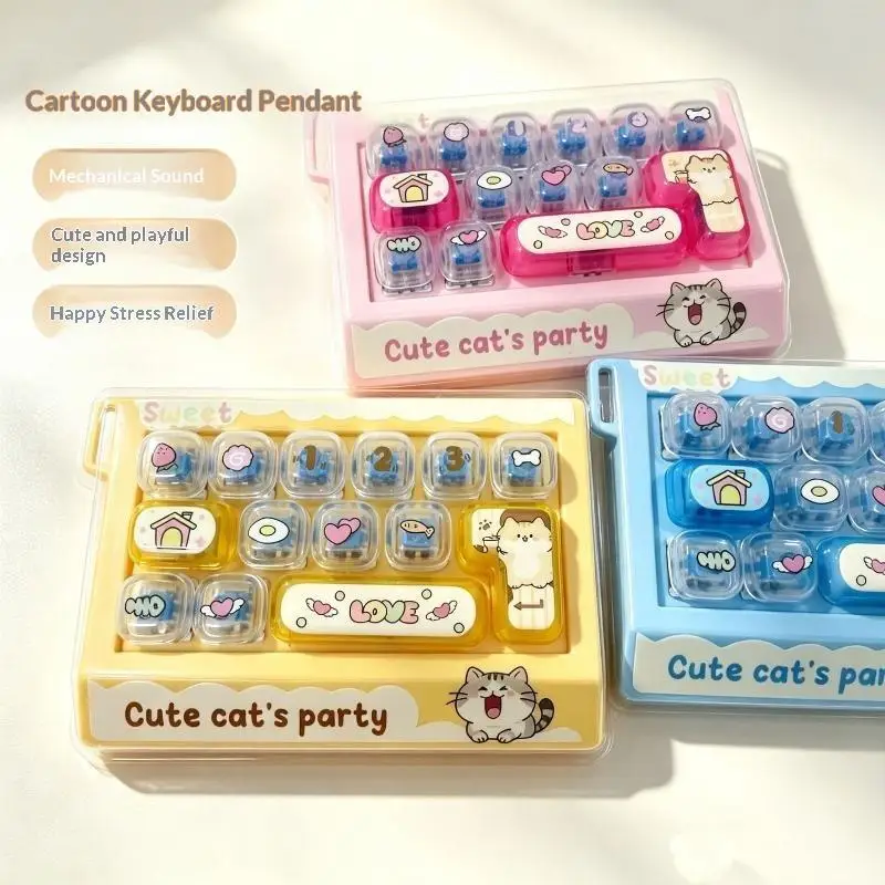 1Pcs Cartoon Animal Cat 14 Grid Stress Relief Keyboard Keycap Keychain For Bags Backpacks Cars Teens Adults Students Gifts