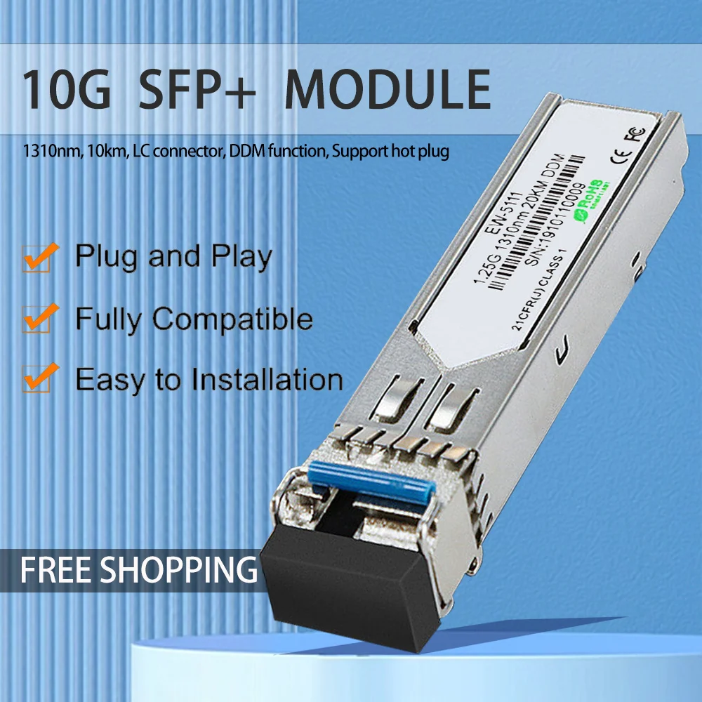 Optical Fiber Module, 10G SFP + LC, Single, 10km, 1310nm, Compatible with INTEL, Cisco, Mikrotik, Huawei, Extreme Switch