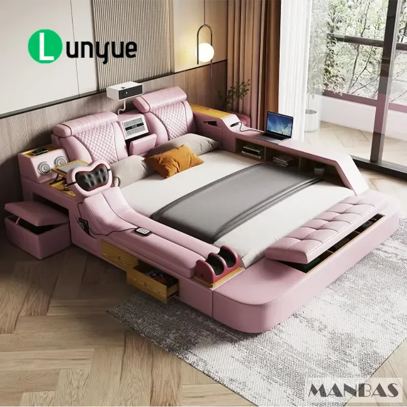Smart Bed Frame Genuine Leather Multifunctional with Massage Speaker Projector Air Purifier Modern Bedroom Furniture Ultimate