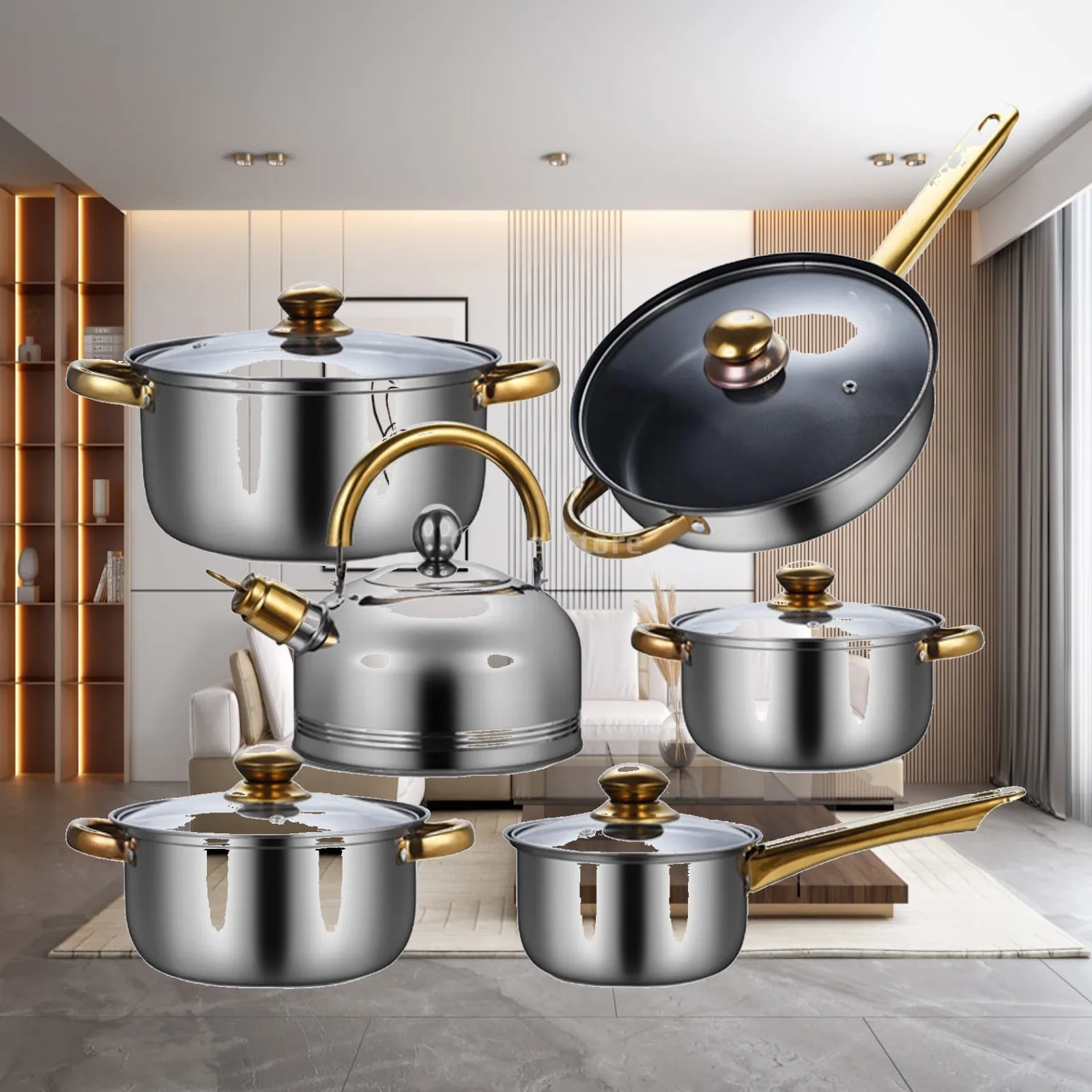 6Pcs Stainless Steel Cookware Set Soup Pot,Portable with Glass Lid, Frying Pan, Kitchen Cooking Set, Pots and Pans for Home