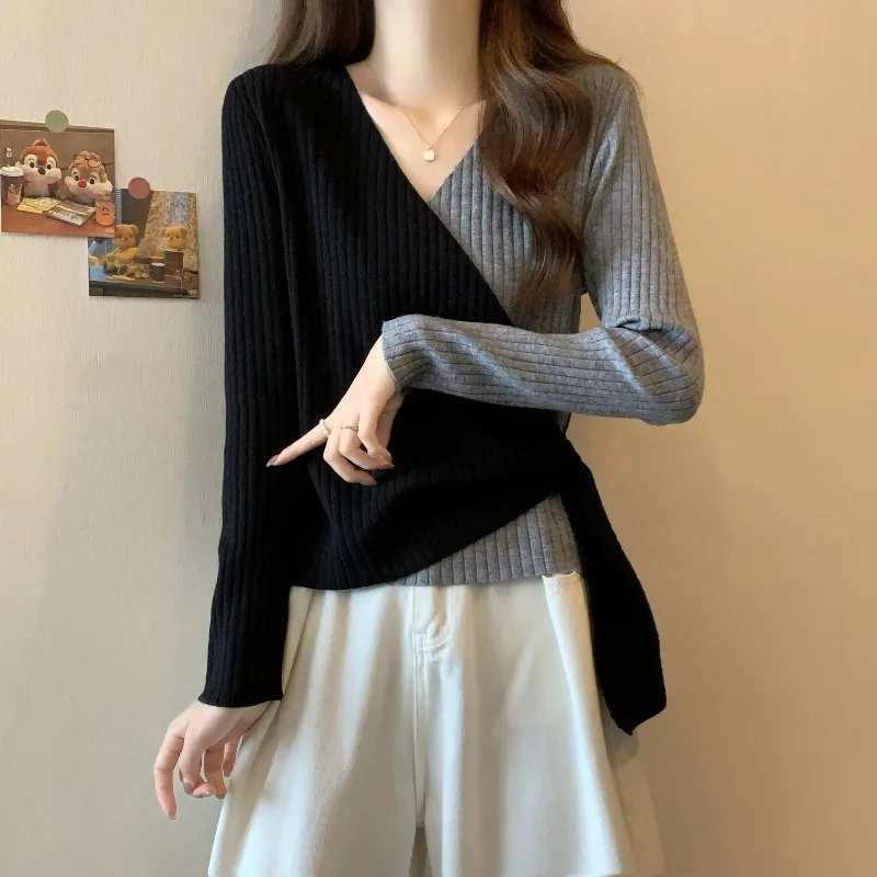

Plus Size Women's Sweater Spring Autumn V Neck Knitted Base Layer Sweater Slimming Irregular Sweater Top