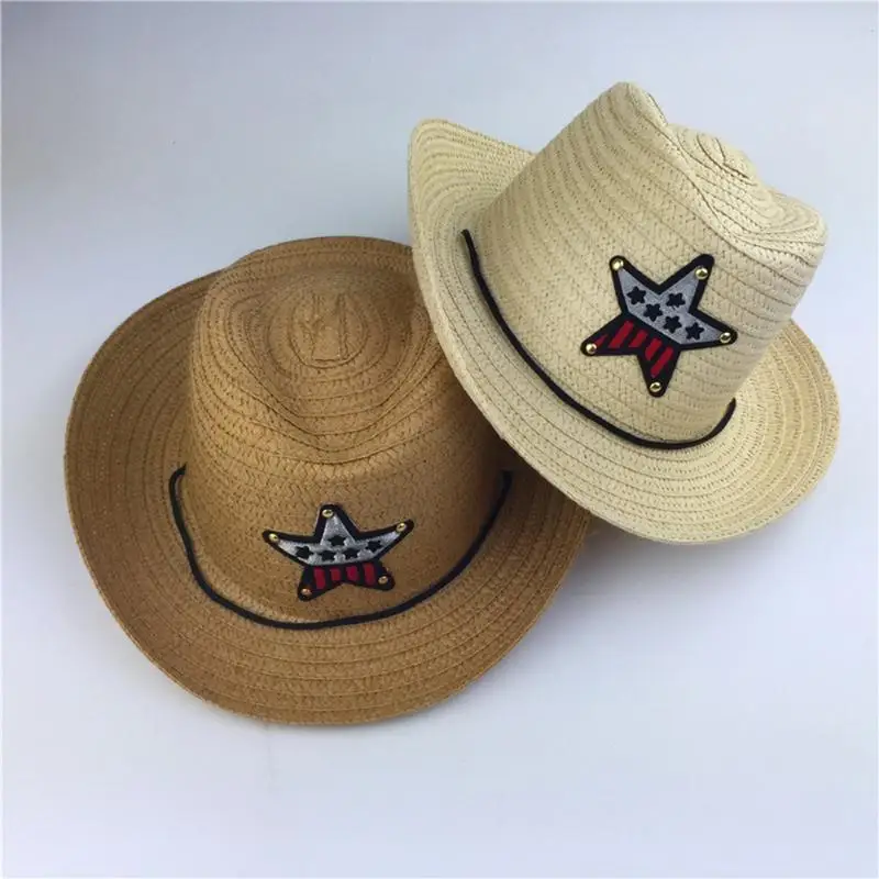 Kids Western Cowboy Hat Retro Sheriff Cap Sunscreen With Wind Rope Hat Boys Girls Horseback Riding Tourism Fishing Sunshade Cap