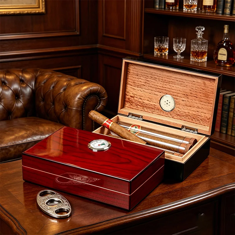 cigar humidor，Cedar-wood cigar humidor，Cigar box with thermometer，boîte de rangement de cigares，Portable cigar storage box