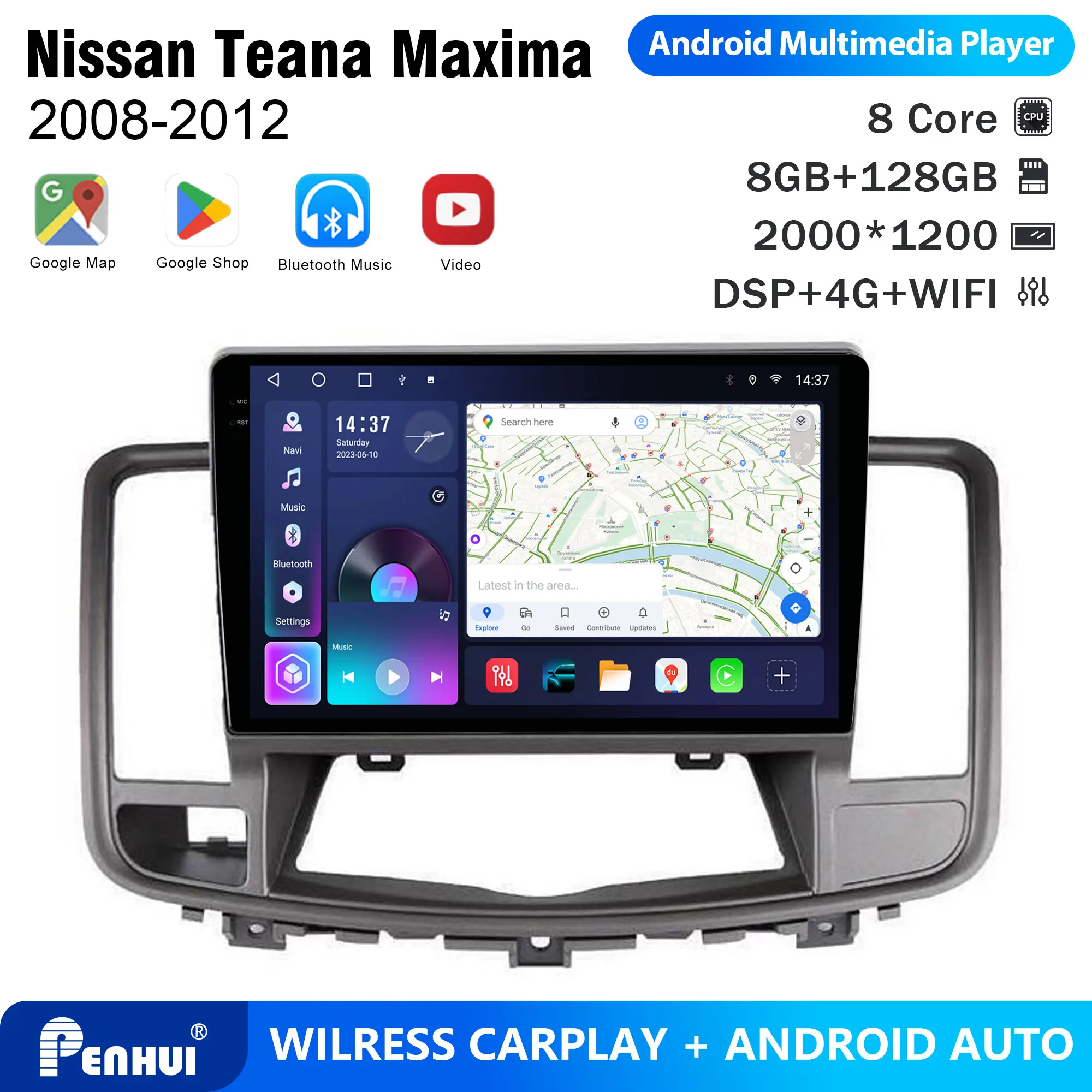 Penhui Android Car DVD Player 2 Din for Nissan Teana Maxima 2008-2012 Multimedia Screen with DSP, Bluetooth, Audio & CarPlay