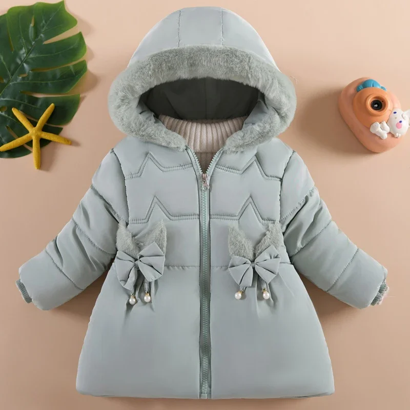 1 2 3 4Y Winter Girls Jacket 5 Color Little Bow Pearl Decoration Lining Plush Thick Hooded Coats For Kids Children Cute Outwear