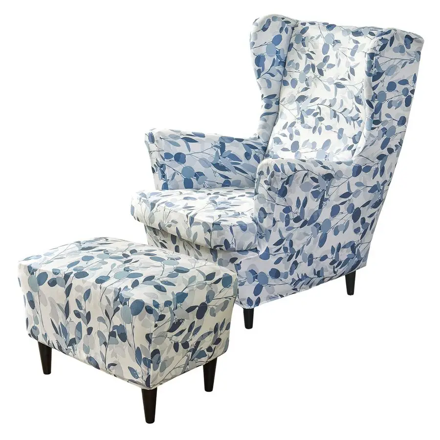 

Stretch Wing Chair Cover Set Ottoman Slipcover 2 Pieces Wingback Chair Slipcover and and 1 Piece Rectangle Storage Stool Cover R