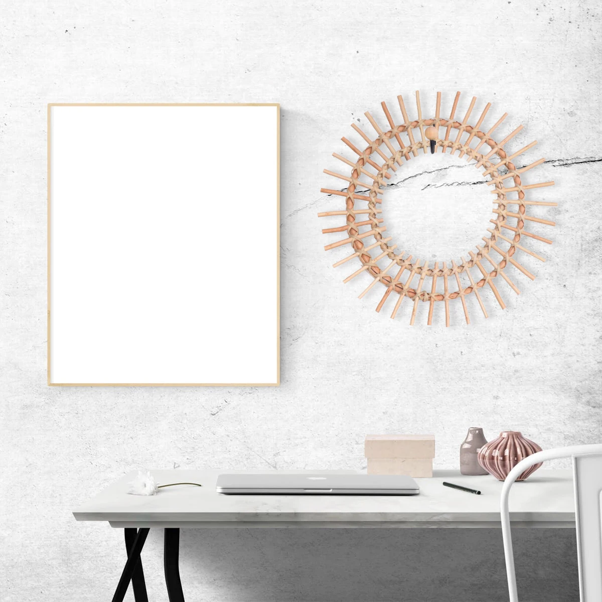 

Rattan Mirror Wall Hanging Wicker Weave Design Mirror Decor for Home Decorative Photography Props Simple Lightweight