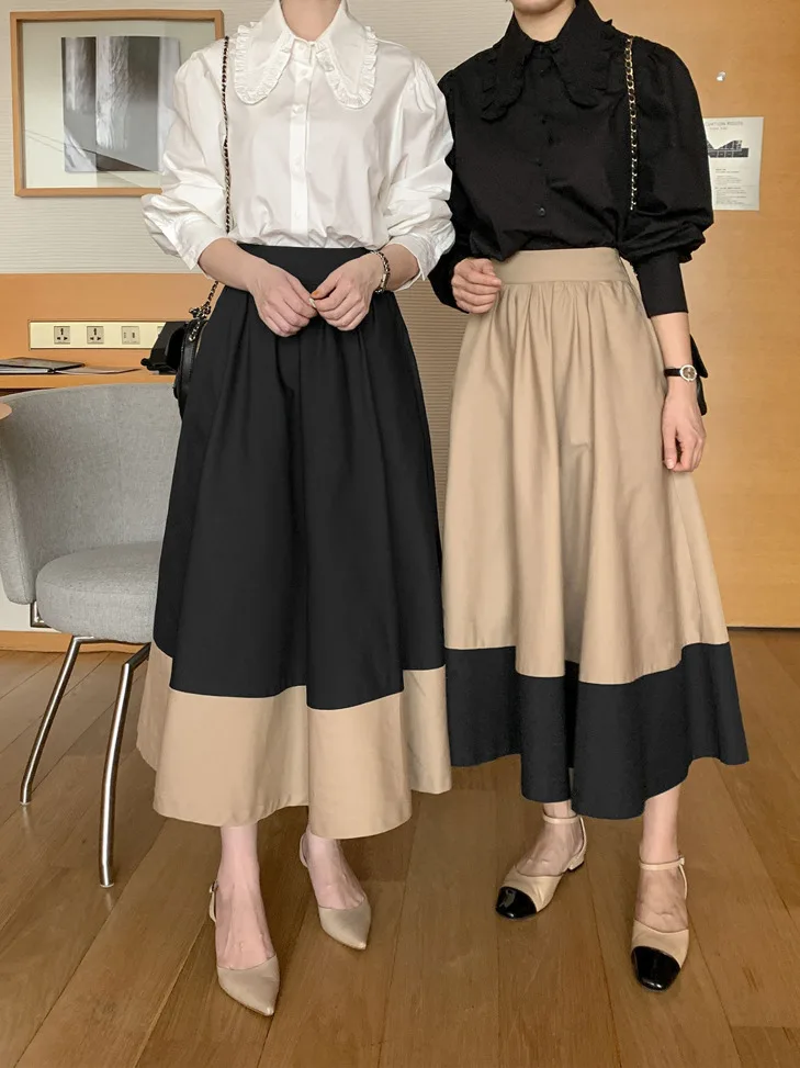 

Chic Vintage Long Sve irt Elastic Waist f-length Skirt Two-piece Set Spring Faionable Versatile Women's Outfit