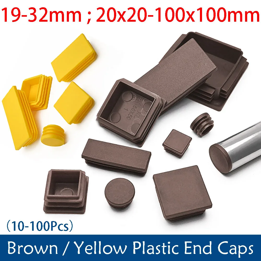 

10/100Pcs Brown Plastic End Caps Round/Square Tube Pipe Plug Inserts 19-32mm 20x20-100mm Cover Cap Protectors For Furniture Leg