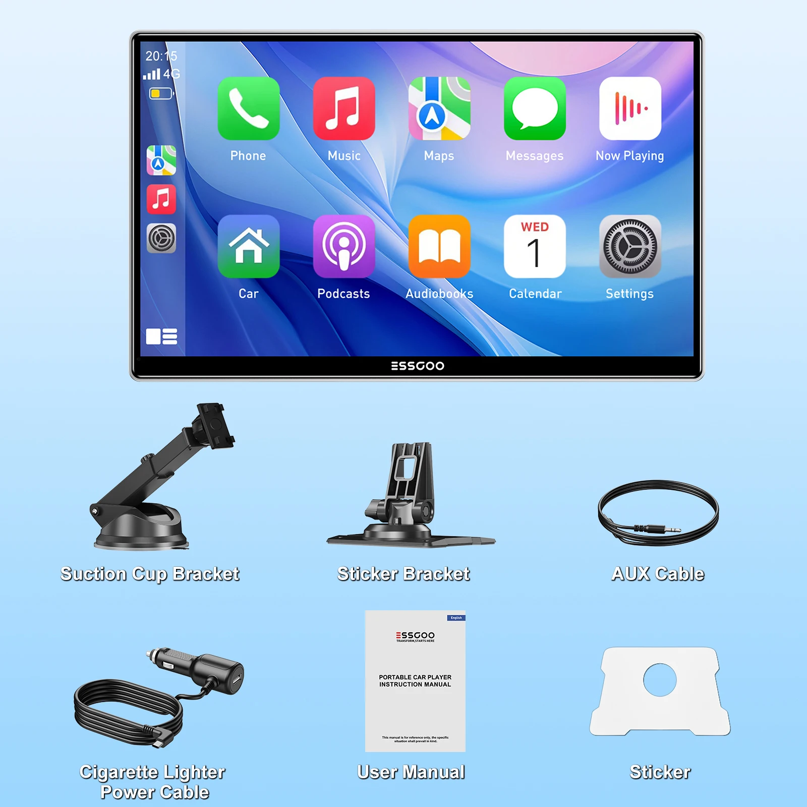 ESSGOO 9-Zoll-Touchscreen, tragbares Autoradio, Radio, kabellos, Apple Carplay, Android, Auto, USB, TF, Bluetooth, Spiegellink