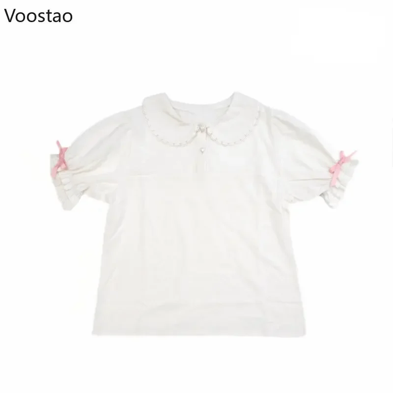 Blusa japonesa kawaii de encaje con mangas abullonadas, blusa Lolita para mujer, bonita camisa informal JK con cuello peter pan, tops blancos con agradable arco de verano para mujer bs