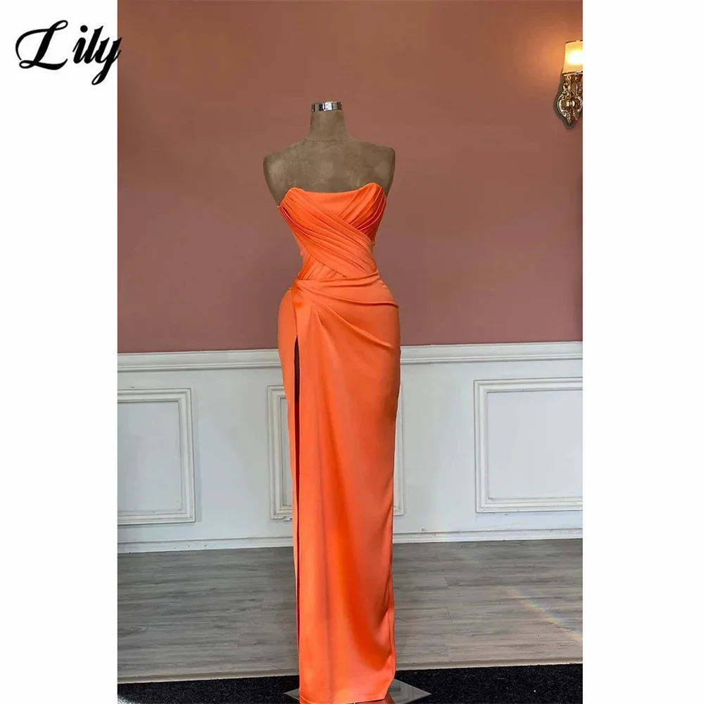 Lilie orange Ballkleid plissiert träger los ärmelloses Abendkleid Meerjungfrau Satin Party kleid sexy Seite hoch gespaltene Robe de Soirée