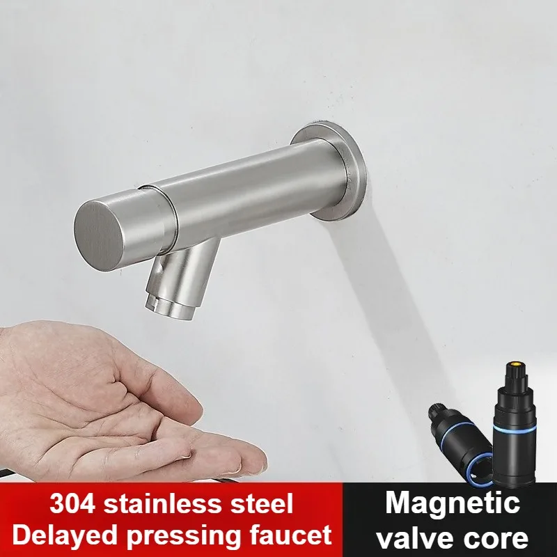 304 SUS Water Saving Time Delay Faucet Wall Mount Bathroom Silver Self Closing Basin Sink Tap for Home or Outdoor Single Cold