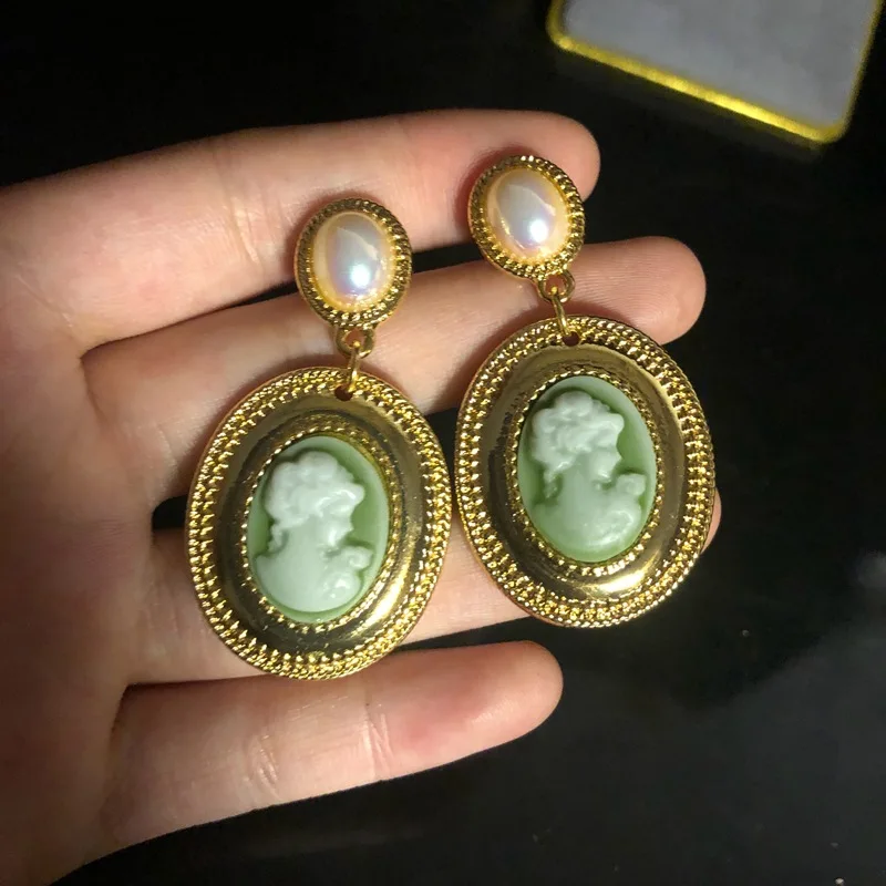 retro style earrings pink green portrait maple pearl 925 silver needle earrings  versatile temperament ear stud