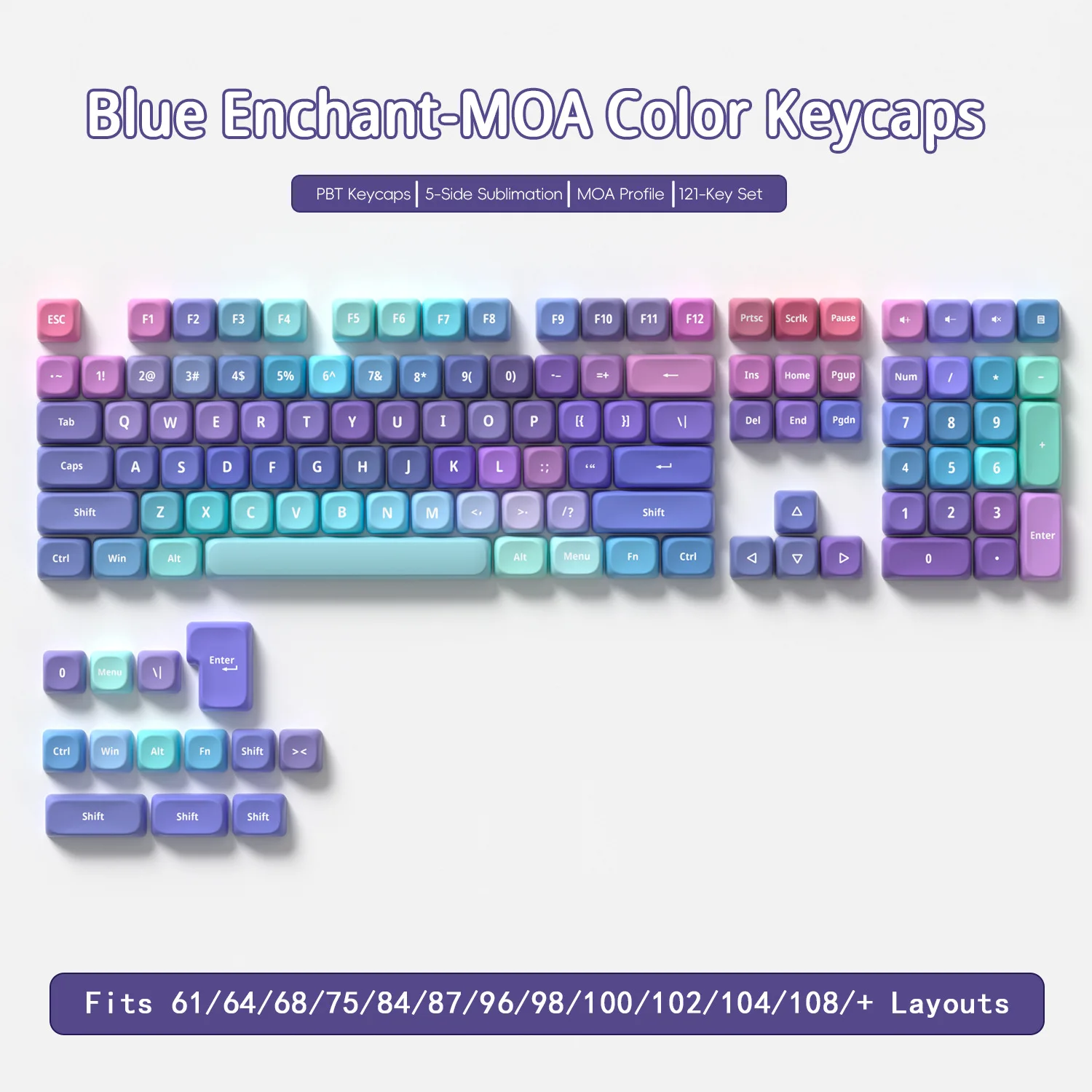 Blue Enchant Keycaps 121 Keys PBT Keycap MOA Profile DYE-SUB For MX Switch Wooting Mechanical Keyboard Keycaps ISO ANSI Layout