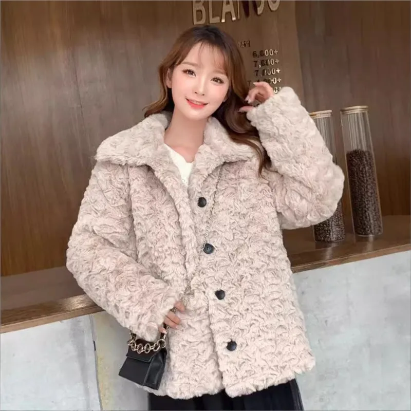 Manteau de fourrure mixte pour femmes, haut à boutons en relief, vêtements en fourrure à revers amples et à la mode