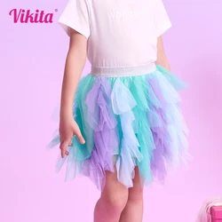 VIKITA Girls Layered Mesh Tulle Mini Skirts Kids Birthday Party Performance Princess Elegant Ballet Irregular Colorful Skirts