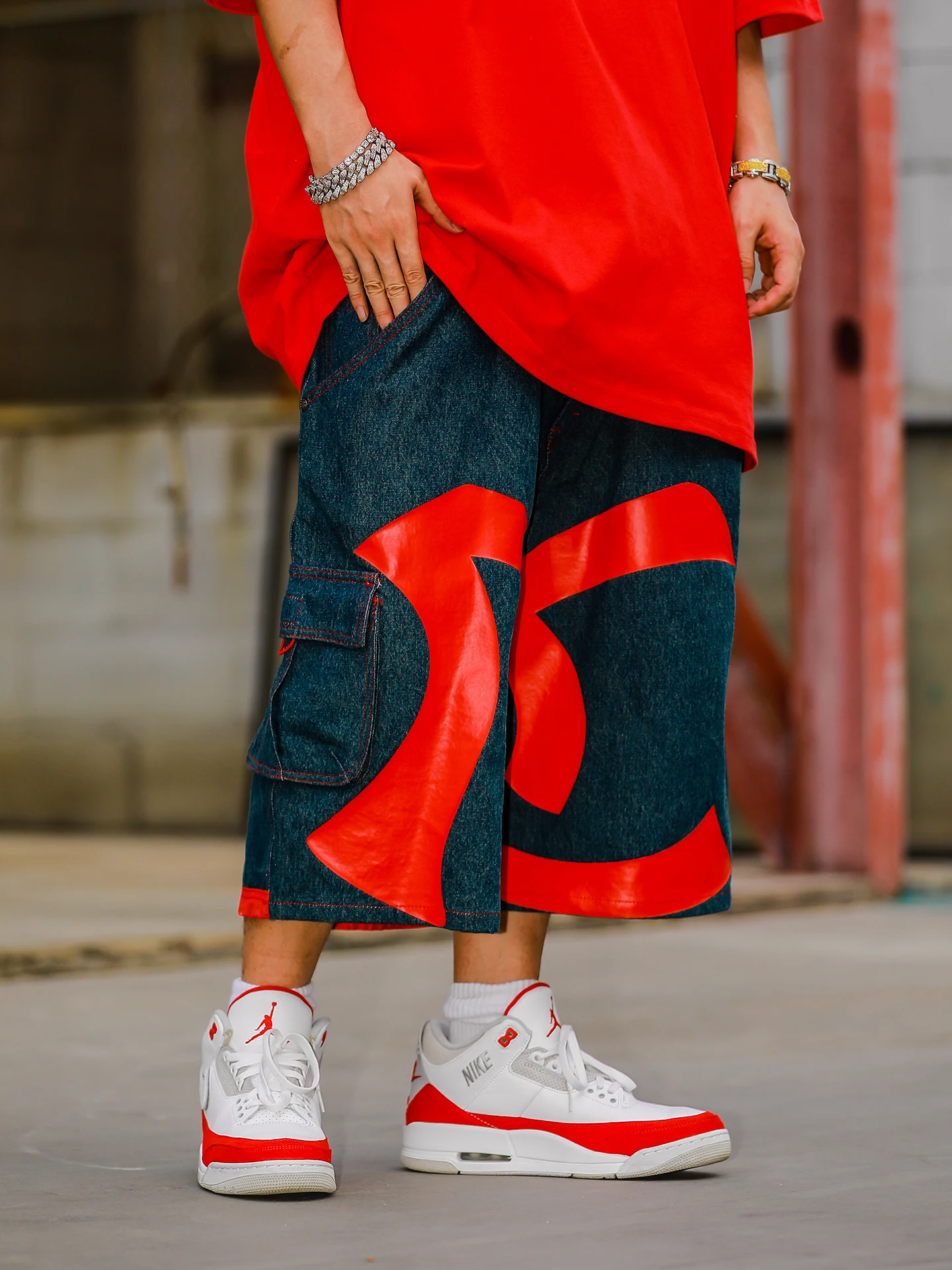 Acusa American Street Hip Hop Large Logo Print Workwear Washed Multi-Pocket Six-Part Jeans Men's Summer Denim Mid-High Waist ...