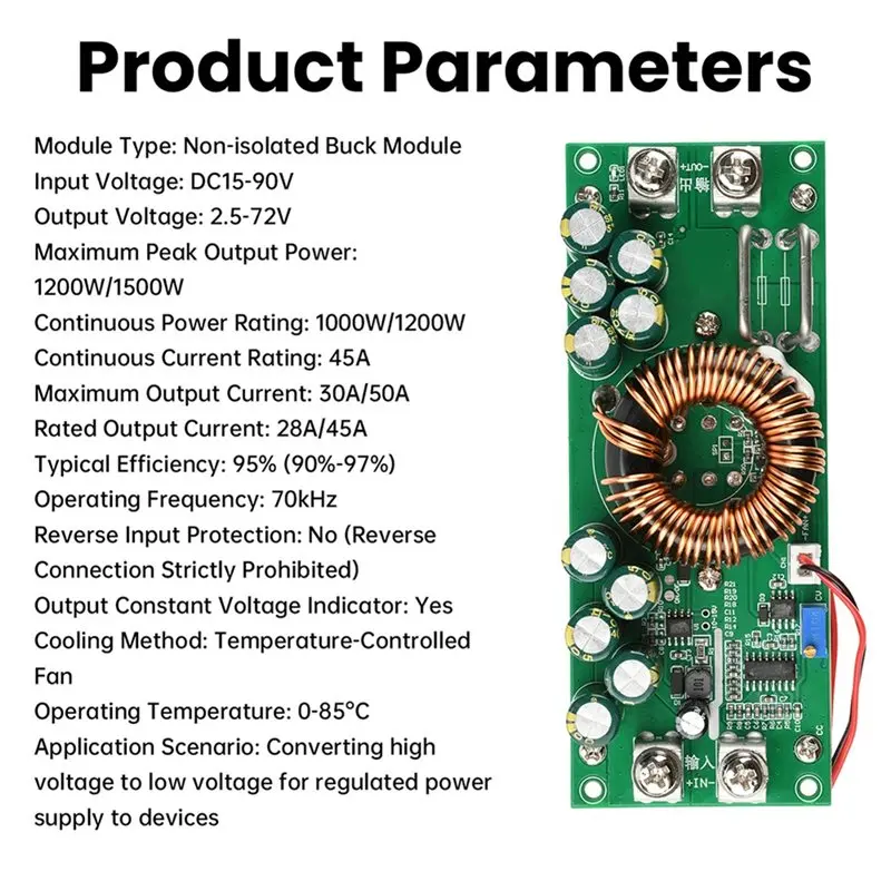 A19F-DC15V-90V Input 1200W Synchronous Rectification Buck Converter Module Output DC2.5V-72V Constant Voltage Adjustable Power S