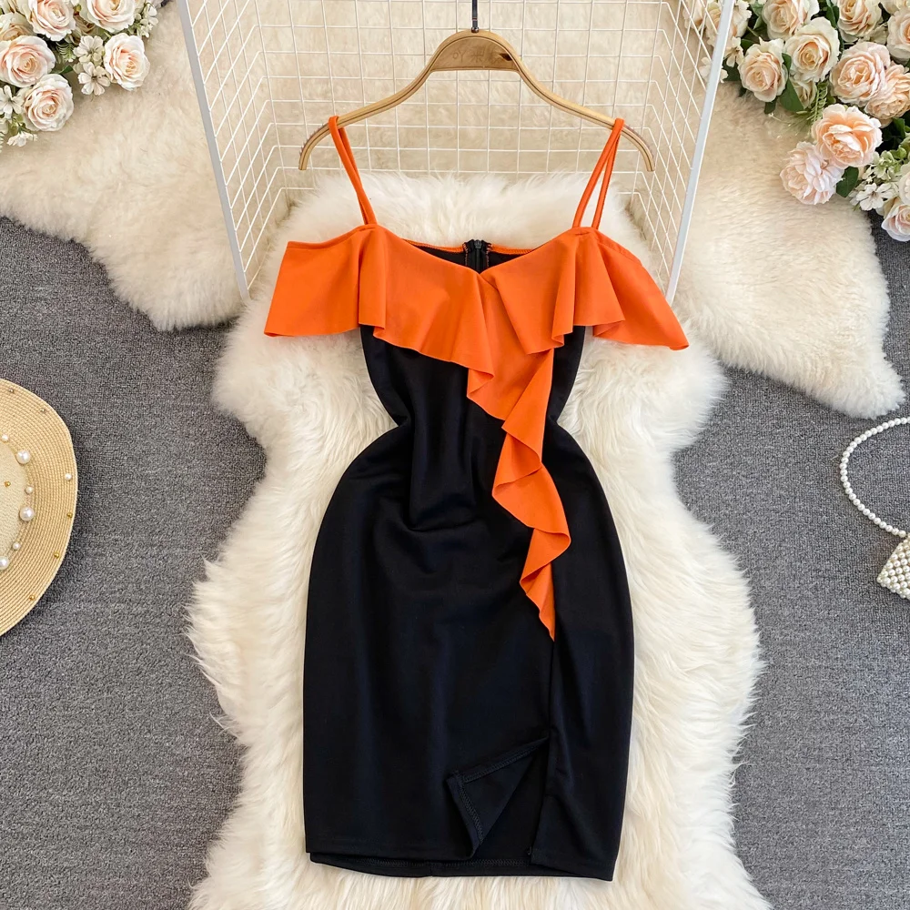 Korean Fashion Grils Sexy Color Patchwork Off Shoulder Sling Dress For Women Lotus Leaf Side Bodycon Short Dress Orange Pink