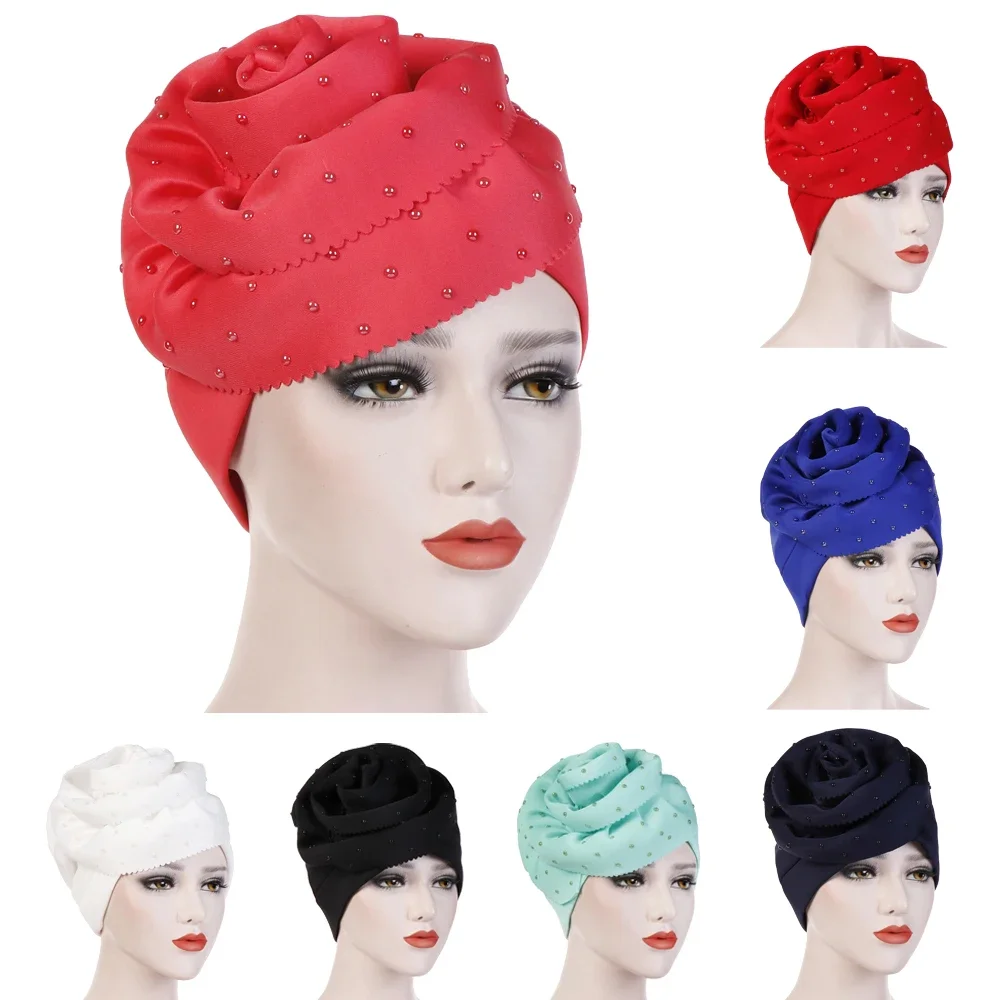 

Fashion Women Muslim Big Flower Bonnet Hijab Indian Cancer Hair Loss Hat Turban Female Wedding Party African Headtie Head Wraps