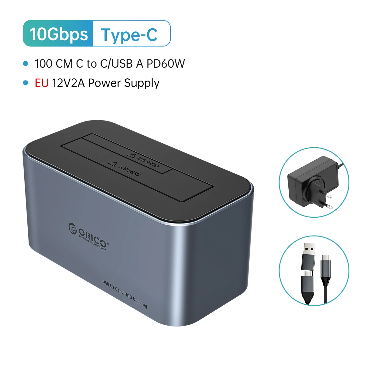ORICO Aluminium-Dual-Bay-Festplattenstation Typ C 10 Gbit/s mit Offline-Klon 2,5/3,5 Zoll Festplattengehäuse Wärmeableitung stärker