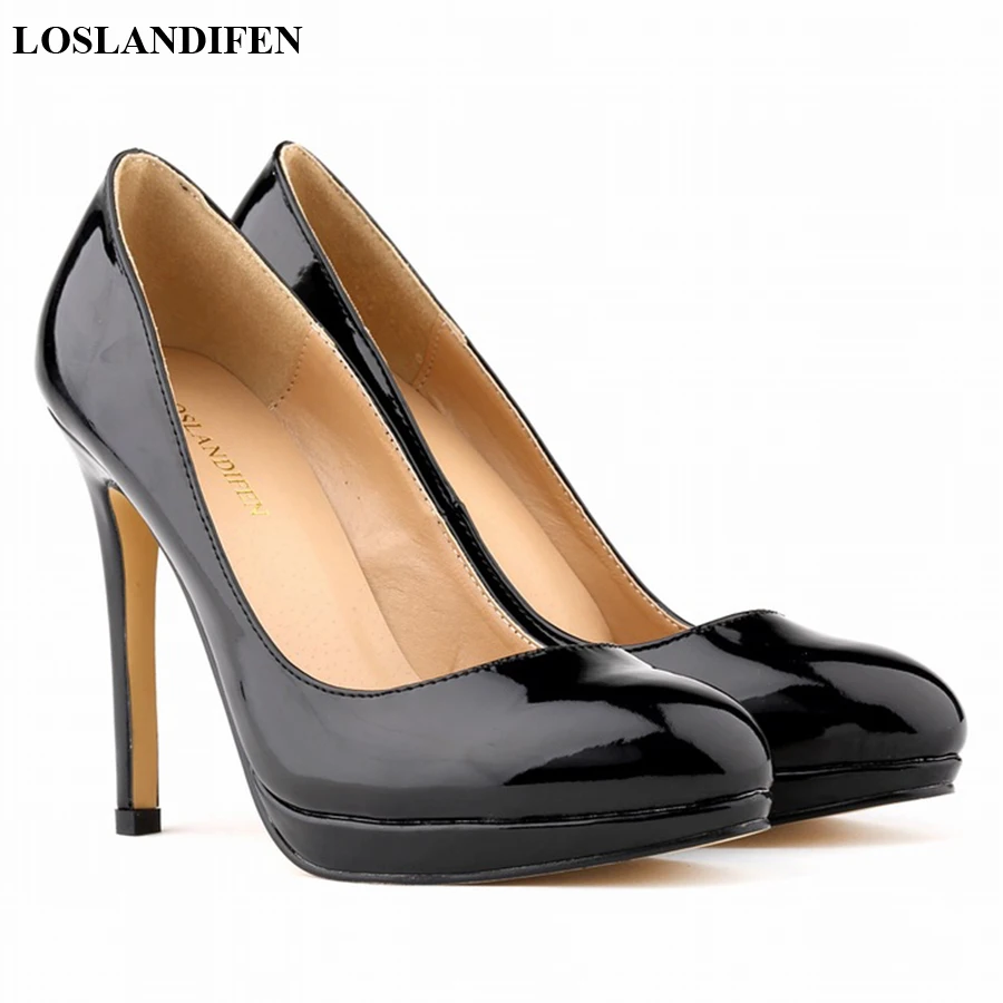 LOSLANDIFEN Schuhe Frauen Spitz Mode Plattform Partei Pumpen Herbst Patent Leder High Heels Büro Dame Schuhe Hochzeit Sexy