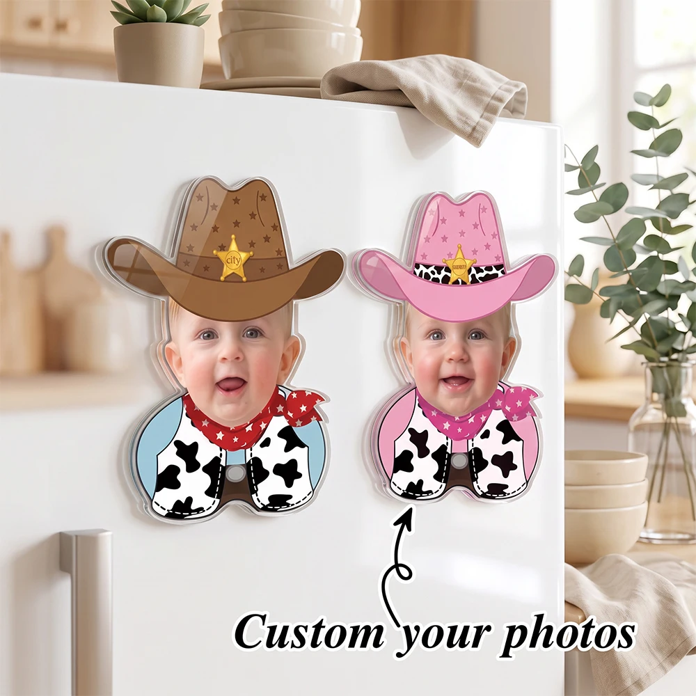 CustomCowboy Magnet, Personalized Photo Fridge Sticker,  Western Theme, Baby Shower Gift, Newborn Toddler Keepsake,