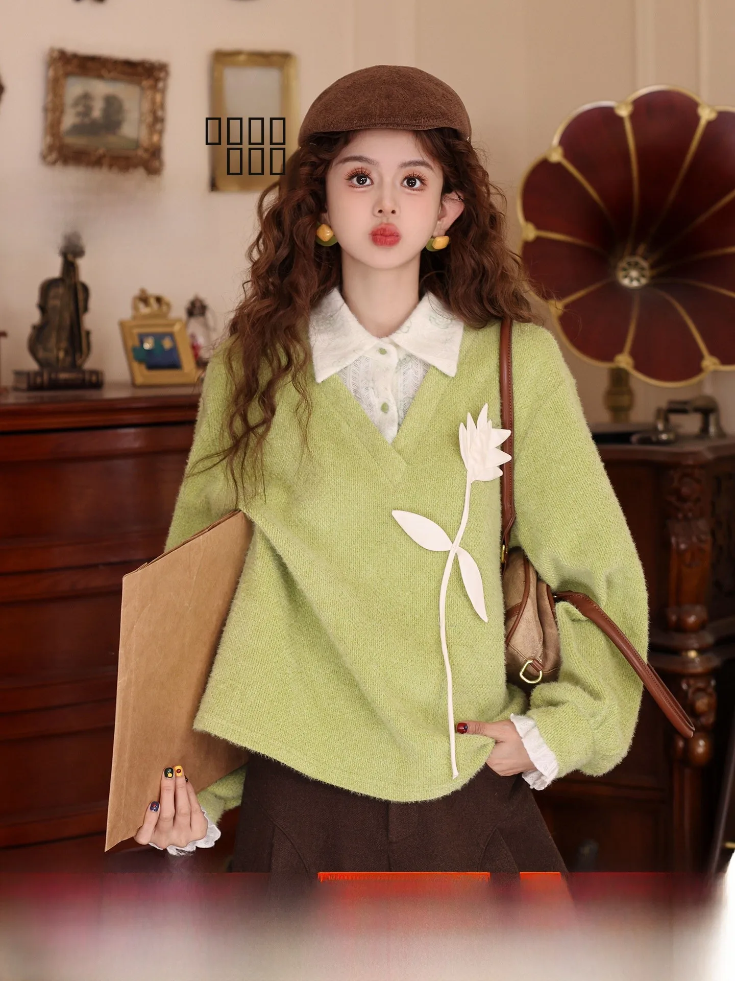 

Chen Jiajie Silent wth Vintage irt Women's Long Sve 3D Decoration Versatile Long irt Polyester Fiber V-ne Knitted...