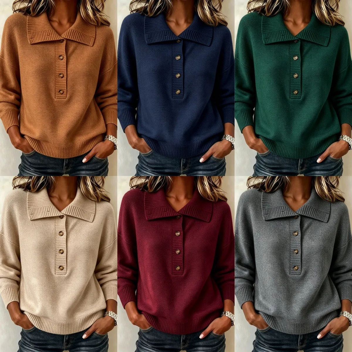 Loose Fit Casual Sweater Regular Length Japanese Korean Casual with Polo Collar Button Front Regular Sleeve Cardigan Women Long