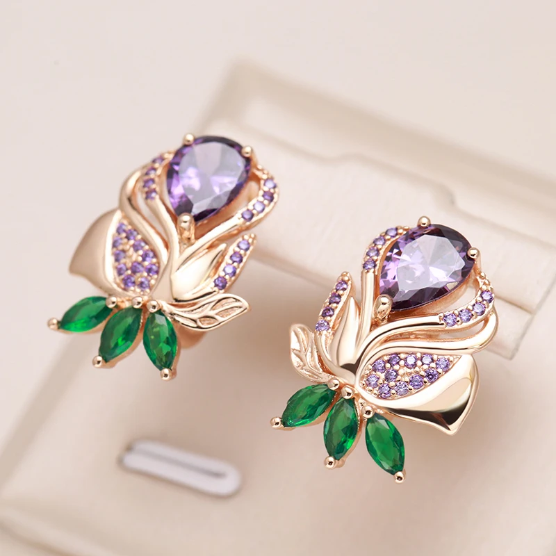 Kienl Vintage Purple Natural Zircon Flower Drop Earring High Quality Fine Daily Jewelry Women 585 Rose Gold Color Big Earring