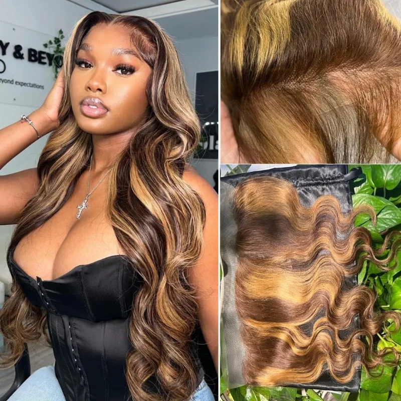 P427 허니 블론드 하이라이트 13x4 투명 레이스 프론탈 인모 바디 웨이브 옴브레 컬러 풀 엔드 브라질리언 버진 헤어 150%