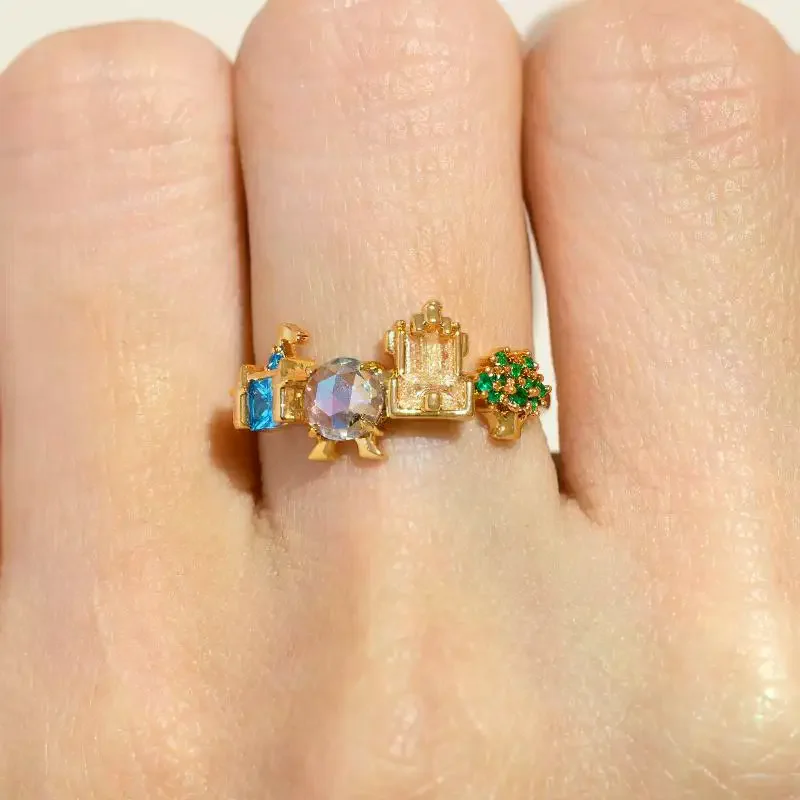 Exquisite Colored Zircon Inlaid Amusement Park Ring Cute Sweet Design Versatile Fashion Wedding Party Jewelry Accessory Gift