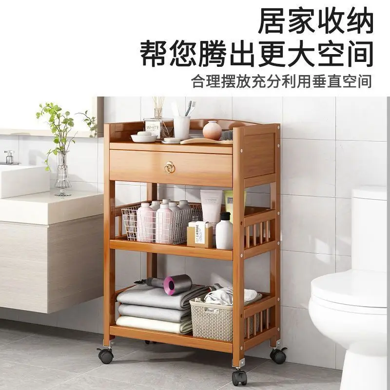 Bamboo Rolling Storage Trolley With Drawer 3 Tier Natural Movable Utility Organizer Cart For Kitchen Bathroom Home Organization
