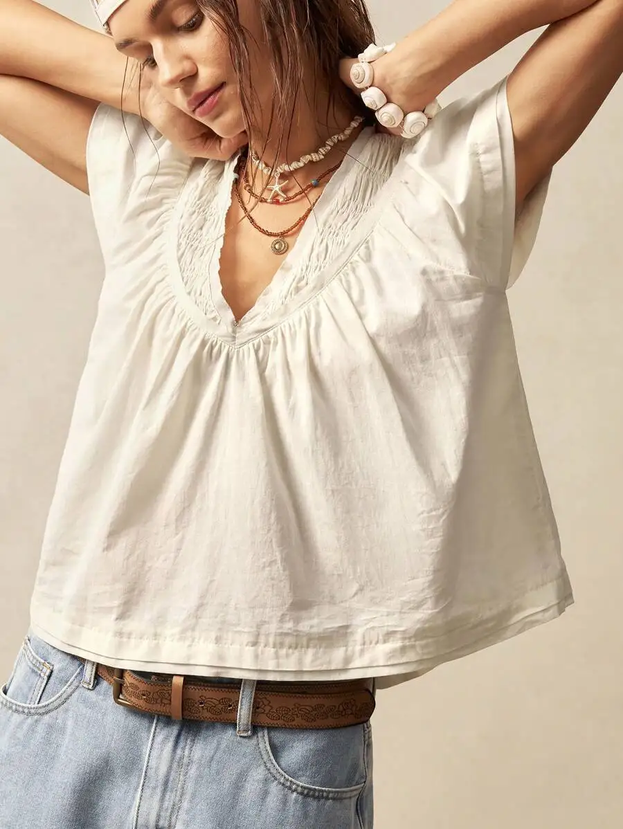

White V-Neck Loose Bohemian Blouse with Smocked Detail