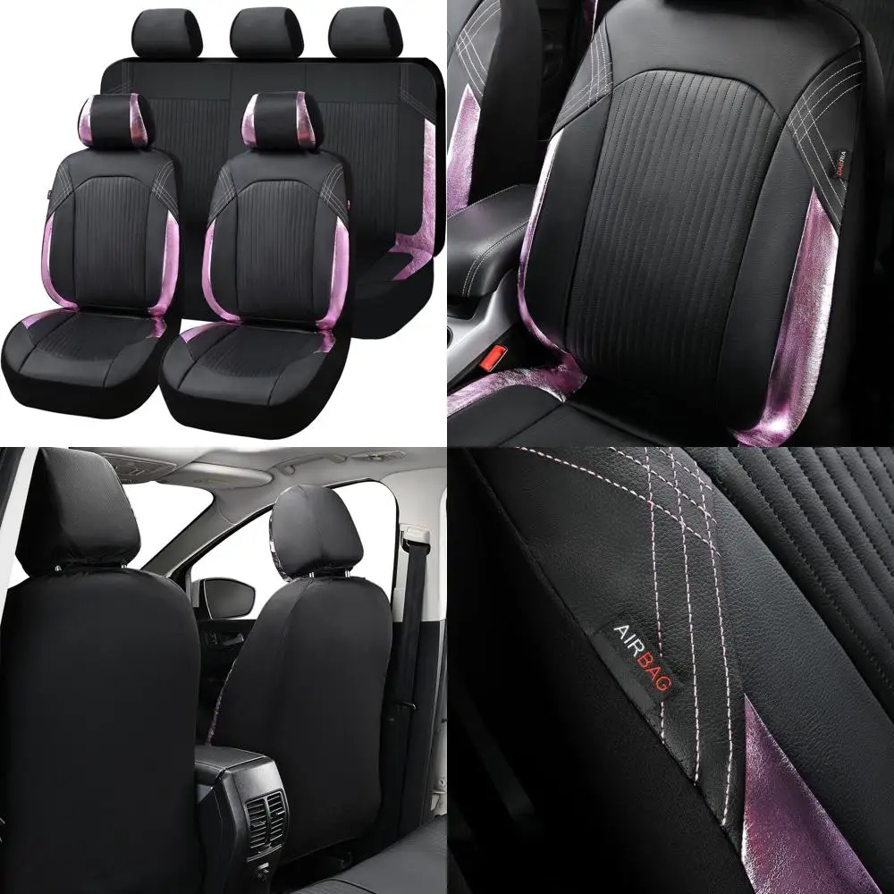 

Черно-розовые чехлы на сиденья из синтетической кожи для автомобиля с подстаканником, простая установка, полный комплект для передней и задней скамейки