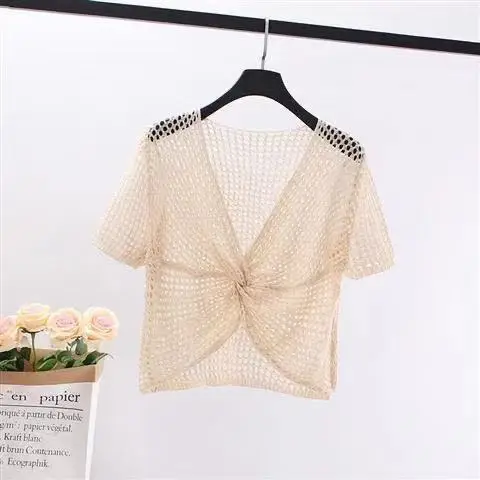 Twist Front Crochet Top Short Sleeve Cover-up Open-knit Crop Cardigan for Women Spring Summer Vacation Boho Beach Outfit