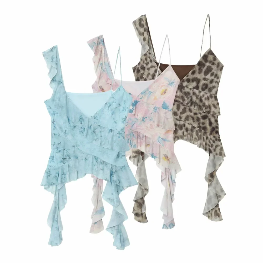 

Женская многослойная шелковая сетчатая асимметричная летняя майка с леопардовым принтом и топом на бретелях