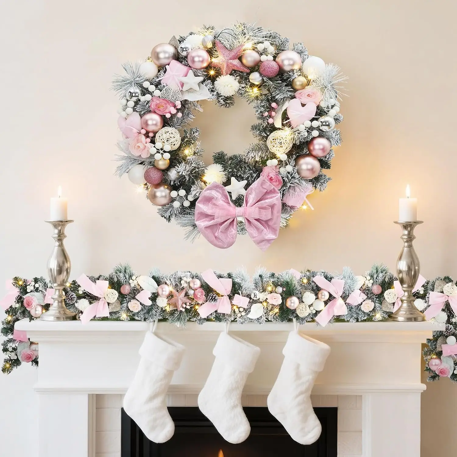 Garvee 24 INCH Christmas Wreath Garland Winter Wreath with Berry and 20 Warm White LED Lights for Door Indoor Outdoor Holiday DIY Home Fireplace Window Decoration view 3