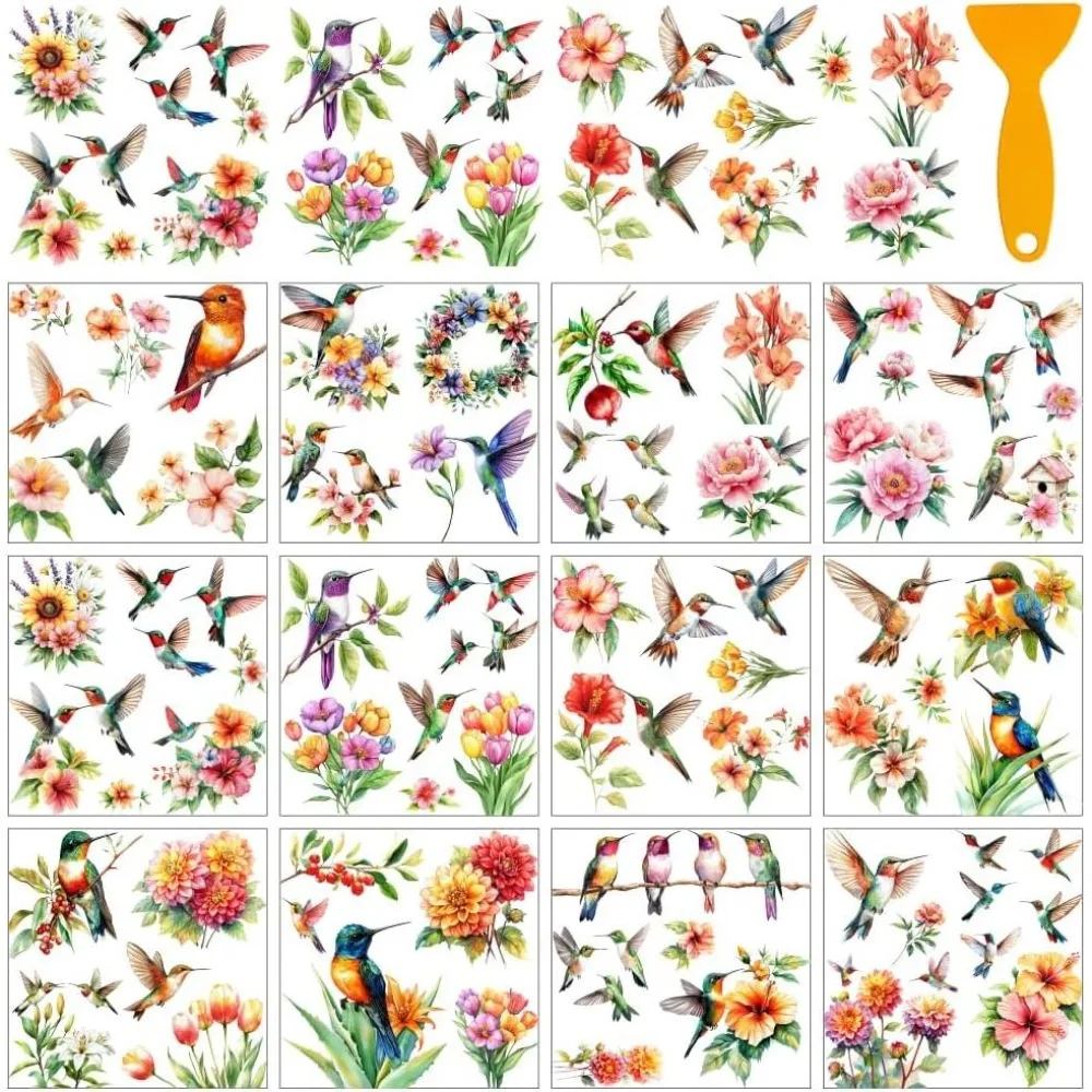 12 Sheets Hummingbird Theme Rub on Transfer Stickers Flowers Window Sticker Clings Home Decor Stickers for School Classroom