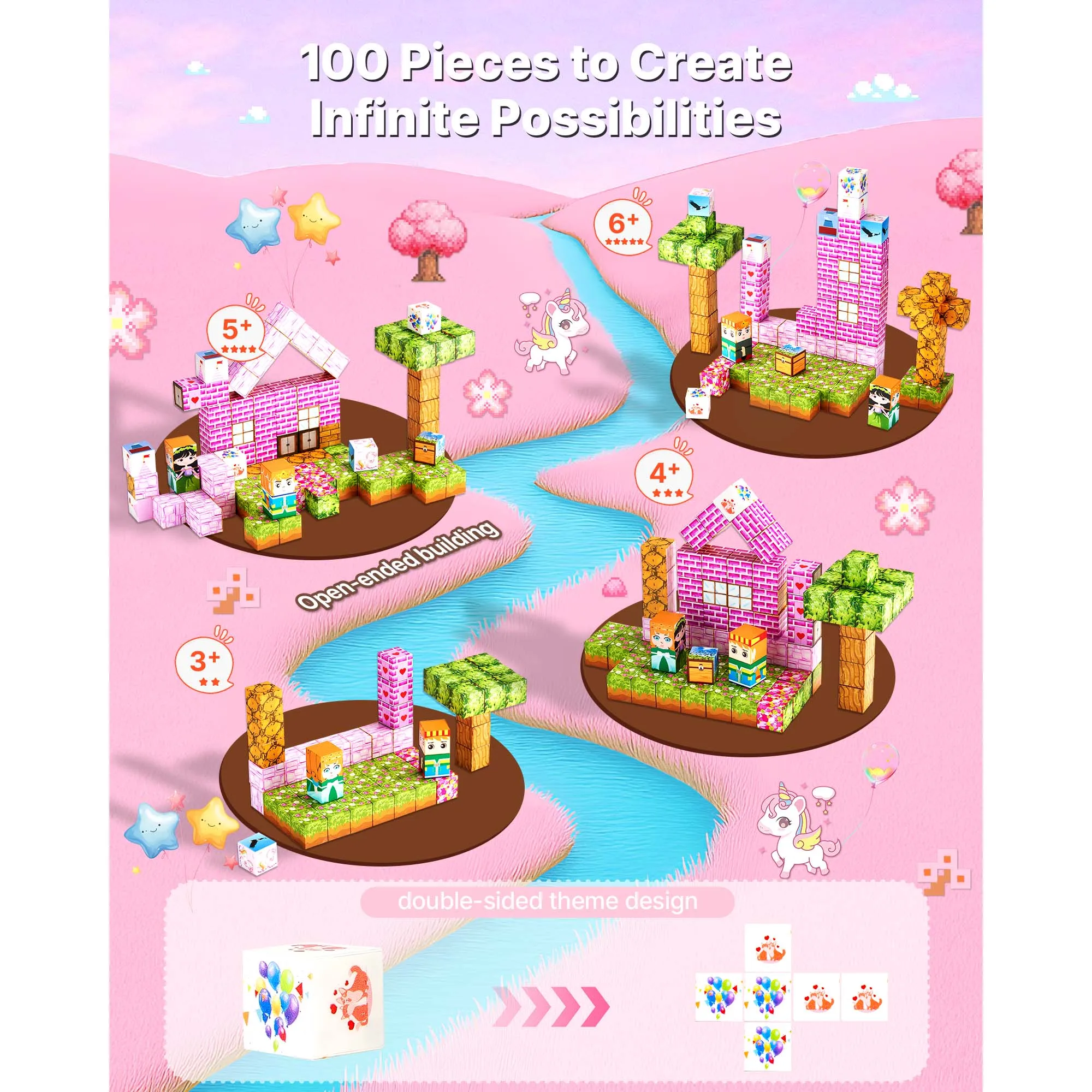 SucceBuy 100 قطعة كتل مغناطيسية مجموعة قلعة الأميرة مكعبات بناء مغناطيسية ألعاب حسية مونتيسوري للأطفال هدية عيد ميلاد