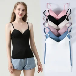 Camisola de espagueti suave con cuello en V para mujer, Top sin mangas con relleno de realce sin aros, chaleco deportivo informal a juego