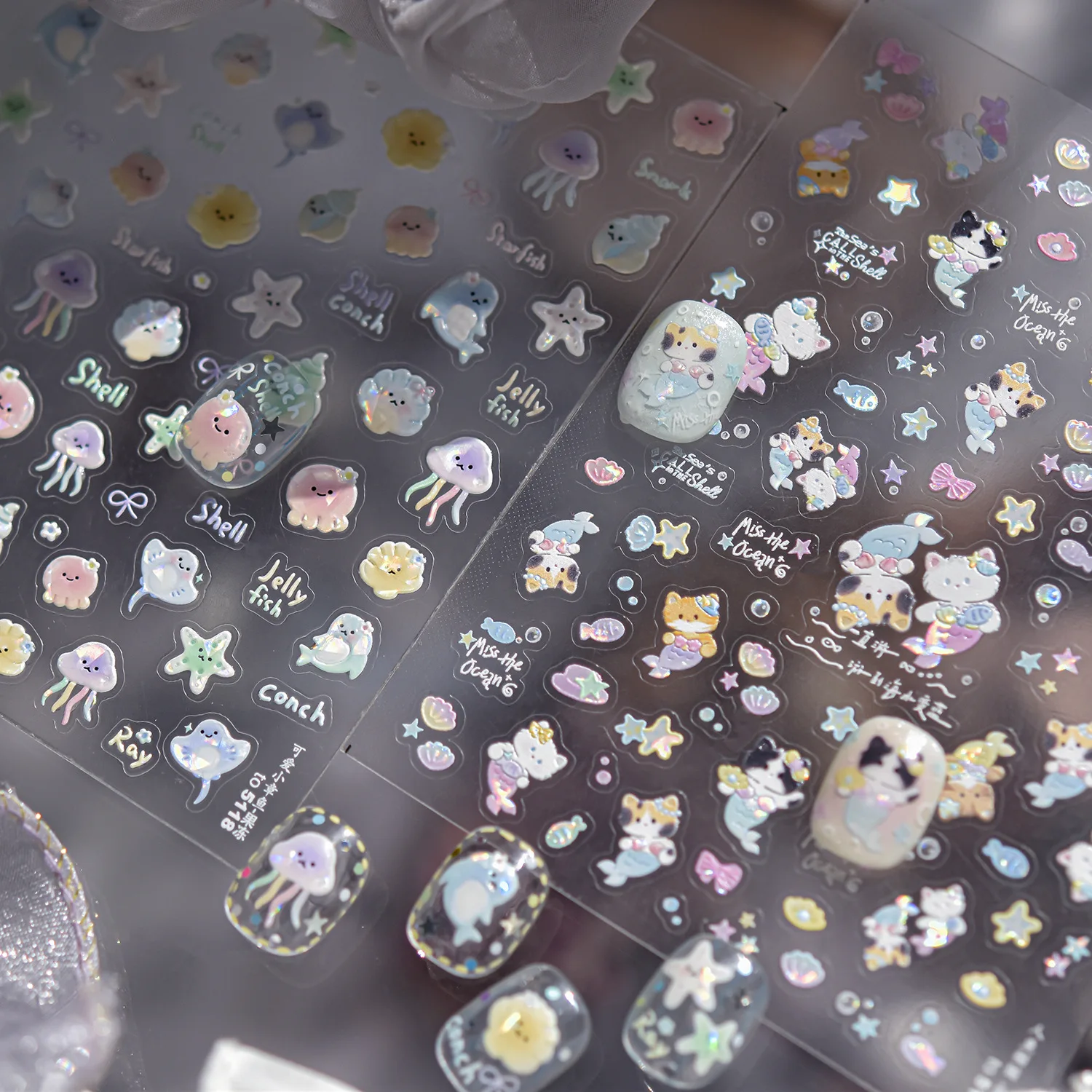 Autocollants pour ongles en forme de chat sirène, mignon, coquille 5D, gelée légère, coquille de poisson, adhésif pour ongles, pièces de décoration de manucure d'été à faire soi-même