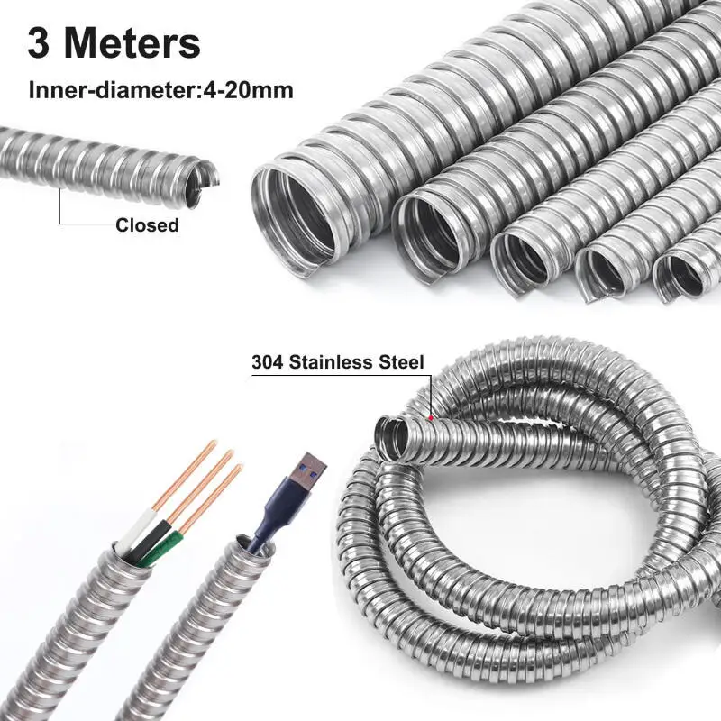 304 Stainles Steel Corrugated Conduit Tube 4mm-20mm ID, Flexible Metal Hose for Cable Wire Line Protection, 3 Meter Length