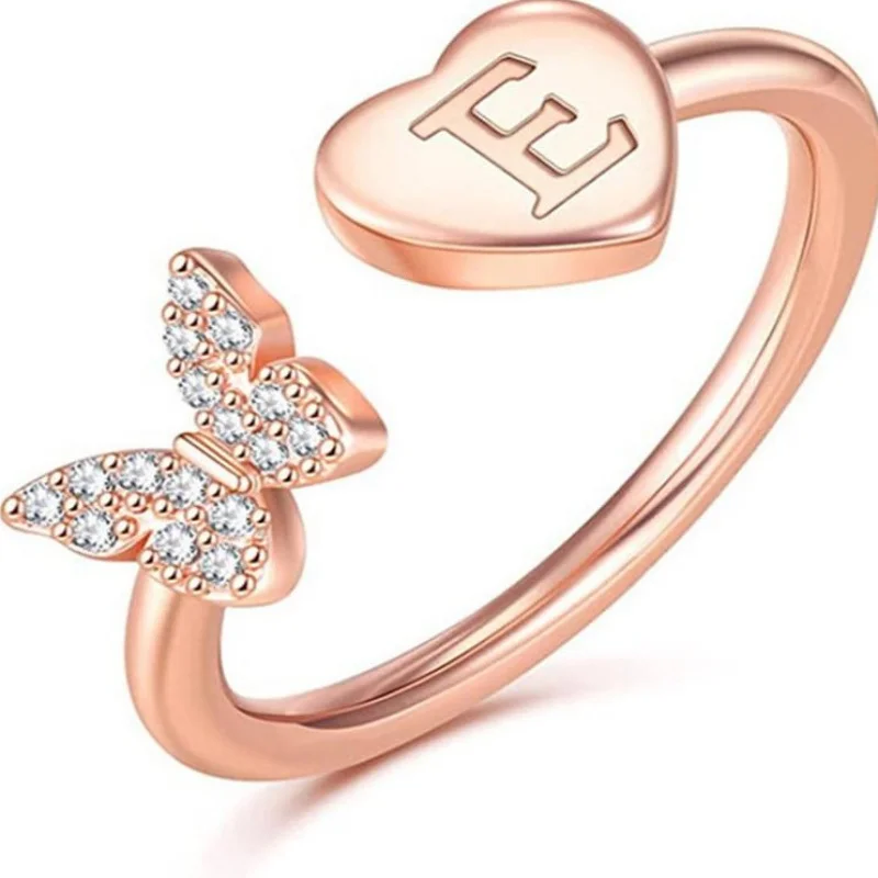 Rose Gold 26 Letter Light Luxury Butterfly Love Ring, Zirconia Fully Open Adjustable Small Design, Suitable for Women To Hold