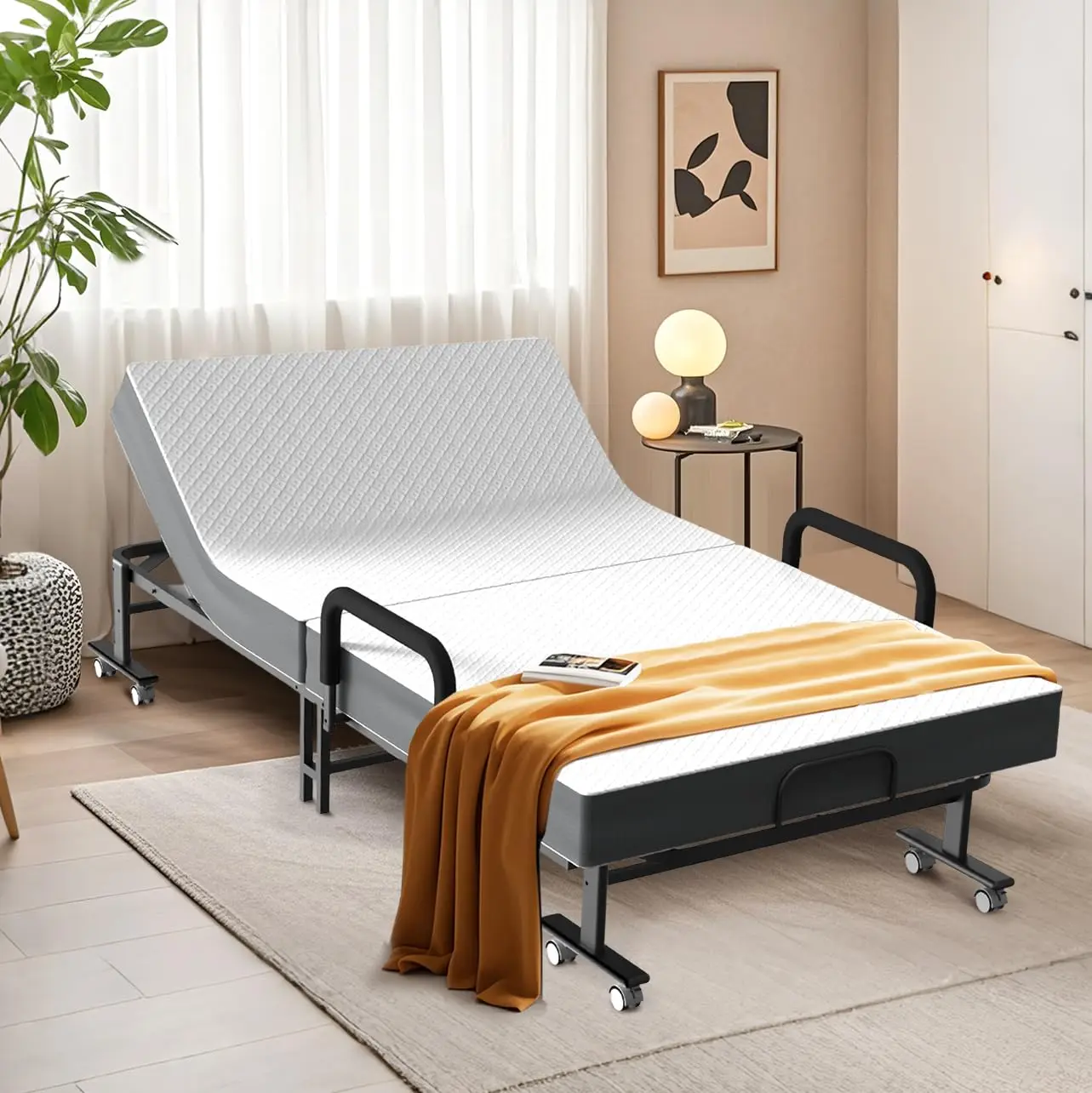 Adult Folding Trundle Bed with Mattress 6-Position Adjustable Backrest Metal Frame for Office Guest Customized Sleeping Solution