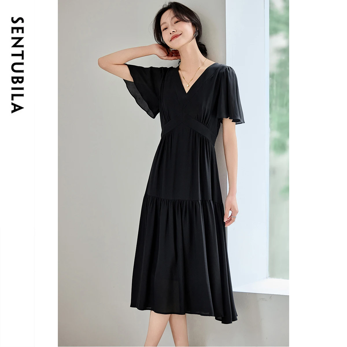 

SENTUBILA Summer Black Silk Dress 2026 Elegant Ladies V Neck Short Sleeve Fit and Flare Midi Dress Woman Clothing 152L80291