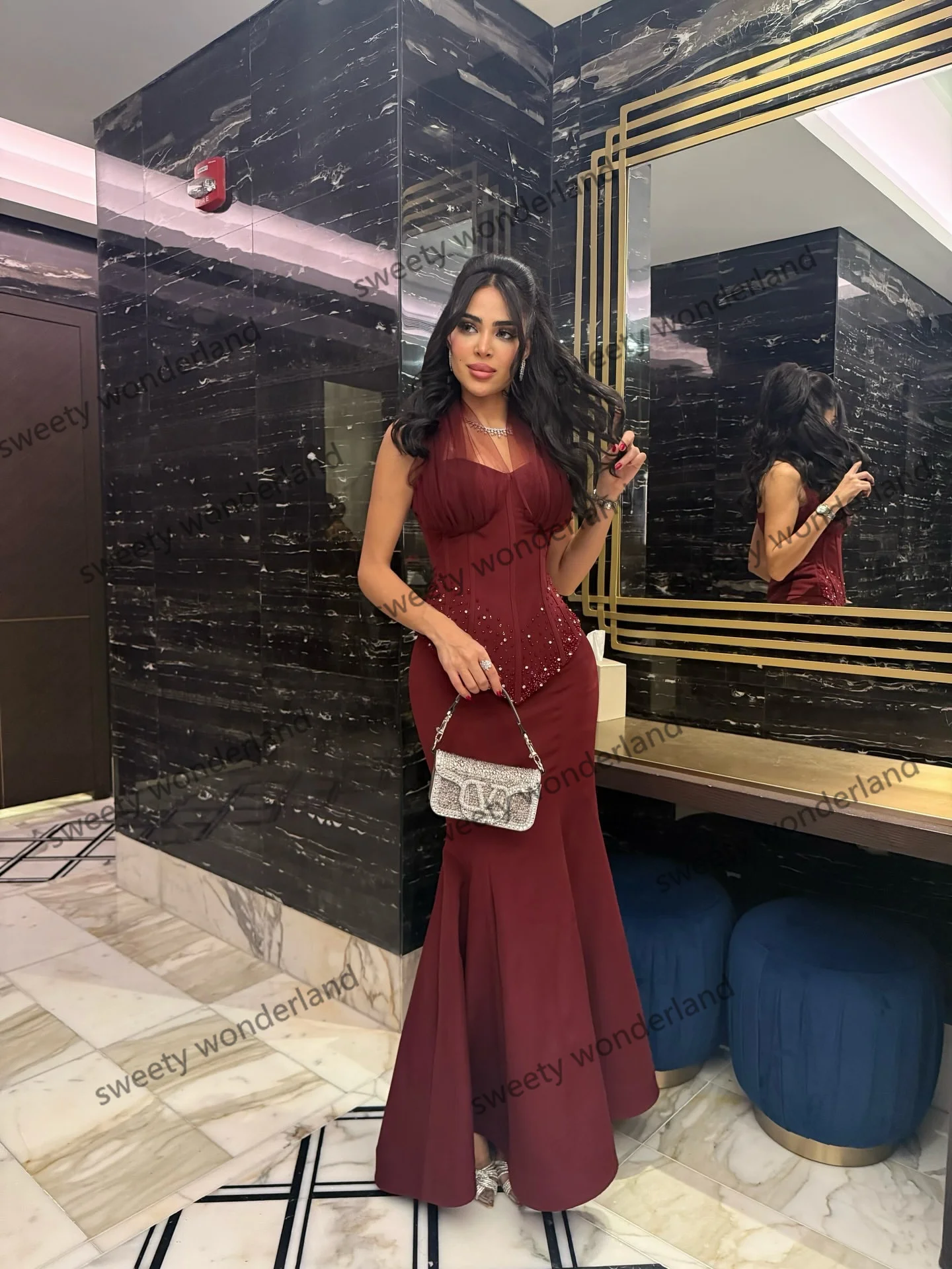 Robe de soirée en Satin bordeaux, col licou, perles, style sirène, Maxi, robe de soirée de mariage, personnalisée