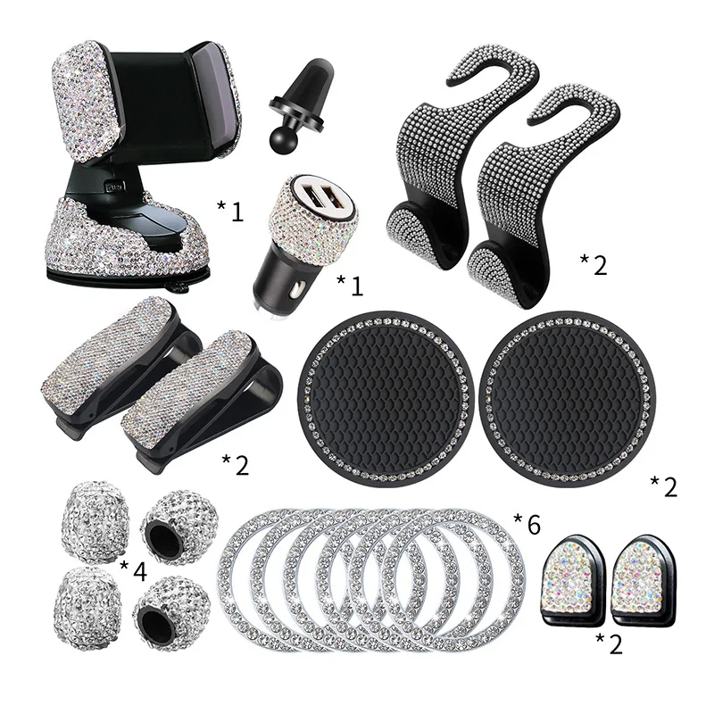 20Pcs/Set Rhinestone Car Phone Holder Universal Auto Interior Hooks Sticker Pad Set Pink Bling Car Accessories for Women