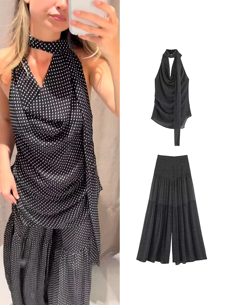 

TFMLN Women's Polka Dot Pant Set Two Pieces Set Scarf Halter Backless Top Pleated Wide Leg Trousers Female Casual Outfits